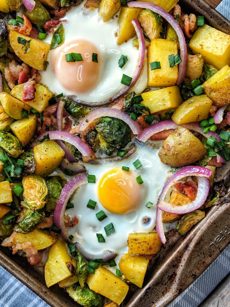 Whole30 Sheet Pan Breakfast Bake with Potatoes, Brussels Sprouts and Bacon